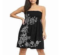 Women’s Strapless Printed Bandeau Top Sheering Ruched Boob Tube Vest Sleeveless Gathered Mini Dress Summer Beachwear - Black - UK 16-18