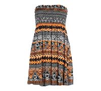 Women’s Strapless Printed Bandeau Top Sheering Ruched Boob Tube Vest Sleeveless Gathered Mini Dress Summer Beachwear - Orange Aztec - UK 20-22