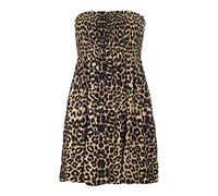 Women’s Strapless Printed Bandeau Top Sheering Ruched Boob Tube Vest Sleeveless Gathered Mini Dress Summer Beachwear - Brown-Leopard - UK 24-26