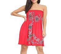 Women Strapless Sheering Top Printed Bandeau Boob Tube Sleeveless Vest Ruched Gather Sharing Mini Dress - Red - UK 20-22