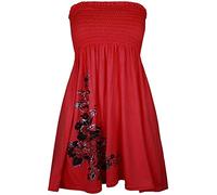 Women Strapless Sheering Top Printed Bandeau Boob Tube Sleeveless Vest Ruched Gather Sharing Mini Dress - Red - UK 8-10