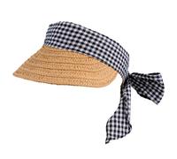 Women’s Straw Sun Visor with Gingham Ribbon Band and Tie