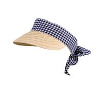 Women’s Straw Sun Visor with Gingham Ribbon Band and Tie - Natural/Navy / ONE