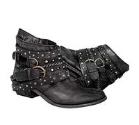 Women’s Studded Biker Ankle Boots, Vintage Leather Look Strap and Chain Design with Low Block Heel, Side Zipper Comfortable Fit, Perfect for Music Festivals or Weekend Markets