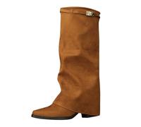 Women’s Suede Fold Over Knee High Boots Ladies Pointed Toe Block Low Heel Boots Adjustable Buckle Fashion Casual Footwear Western Style Cowboy Cowgirl Walking Shoes for Women UK Coffee, Size 6