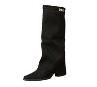 Women’s Suede Fold Over Knee High Boots Ladies Pointed Toe Block Low Heel Boots Adjustable Buckle Fashion Casual Footwear Western Style Cowboy Cowgirl Walking Shoes for Women UK Black, Size 6