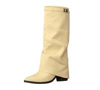 Women’s Suede Fold Over Knee High Boots Ladies Pointed Toe Block Low Heel Boots Adjustable Buckle Fashion Casual Footwear Western Style Cowboy Cowgirl Walking Shoes for Women UK Beige, Size 5.5