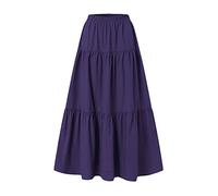 Women’s Summer Cotton Linen Boho Long Maxi Skirts Elastic Waist Pleated A-Line Flowy Swing Tiered Beach Dress Plus Size (Purple, XXXL)