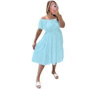 Women’s Summer Dress Short Sleeve Off Shoulder Sundress Plain Long Casual Dress Chiffon Magic Beach Swing Italian Elastic Waist Tiered Basic Elegant Midi Dresses for Women Aqua