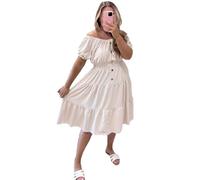 Women’s Summer Dress Short Sleeve Off Shoulder Sundress Plain Long Casual Dress Chiffon Magic Beach Swing Italian Elastic Waist Tiered Basic Elegant Midi Dresses for Women Beige