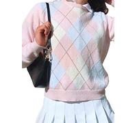 Women 's Sweater, Casual Long Sleeve Crew Neck Argyle Loose Knit Pullover Blouse (Pink, S)