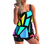 Women 's Swimwear Geometry/Rainbow/Butterfly Print Tankini Set Top with Shorts 2 Piece Bathing Suit Bikini Swimsuit (E Geometry, XXL)