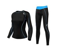 Women’s Thermal Base Layer Set Compression Top & Leggings Fleece Lined Winter Underwear Set Quick Dry Breathable 4-Way Stretch Sports Base Layer for Running,Gym & Cycling (Black Sky Blue, XL)
