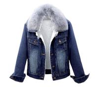 Women’s Thick Winter Denim Jacket Sherpa Lined Thick Jean Coat with Faux Fur Collar Warm Slim Fit Casual Trendy Jacket Dark Blue Medium