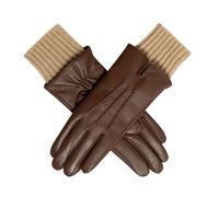 Women’s Three-Point Wool Blend-Lined Leather Gloves with Knitted Cuffs - Chestnut/Camel / S