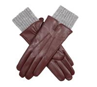 Women’s Three-Point Wool Blend-Lined Leather Gloves with Knitted Cuffs - Claret/Dove Grey / S