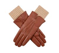 Women’s Three-Point Wool Blend-Lined Leather Gloves with Knitted Cuffs - Cognac/Camel / M