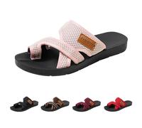 Women’s Toe Ring Flat Slide Sandals UK 4.5 Lightweight Flat Sandals Slip-On Open Toe Thong Flip Flops with Toe Loops Breathable Mesh Upper Casual Beach Slippers 01#_Pink Footwear