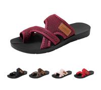 Women’s Toe Ring Flat Slide Sandals UK 4.5 Lightweight Flat Sandals Slip-On Open Toe Thong Flip Flops with Toe Loops Breathable Mesh Upper Casual Beach Slippers 01#_Wine Footwear