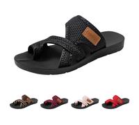 Women’s Toe Ring Flat Slide Sandals UK 5.5 Lightweight Flat Sandals Slip-On Open Toe Thong Flip Flops with Toe Loops Breathable Mesh Upper Casual Beach Slippers 01#_Black Footwear