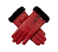 Women’s Touchscreen Faux Fur-Lined Leather Gloves with Zip - Berry / S