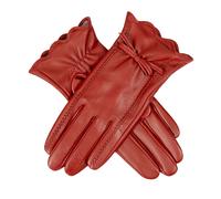 Women’s Touchscreen Lined Leather Gloves with Scallop Edge Details and Leather Bow - Berry / S