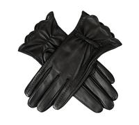 Women’s Touchscreen Lined Leather Gloves with Scallop Edge Details and Leather Bow - Black / S