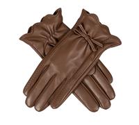 Women’s Touchscreen Lined Leather Gloves with Scallop Edge Details and Leather Bow - Chestnut / S