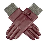 Women’s Touchscreen Single-Point Wool Blend-Lined Leather Gloves with Braided Wrist and Knitted Cuffs - DAMSON/CHARCOAL / M