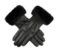 Women’s Touchscreen Single-Point Wool Blend-Lined Leather Gloves with Faux Fur Cuff - BLACK / S
