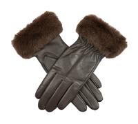 Women’s Touchscreen Single-Point Wool Blend-Lined Leather Gloves with Faux Fur Cuff - MOCCA / M