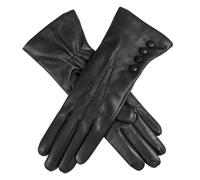 Women’s Touchscreen Three-Point Cashmere-Lined Leather Gloves with Buttons - Black/Red / 8