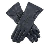Women’s Touchscreen Three-Point Cashmere-Lined Leather Gloves with Buttons - Navy/Red / 7.5