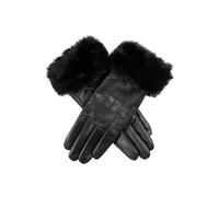 Women’s Touchscreen Three-Point Lined Leather Gloves with Faux Fur Cuffs - Black / L