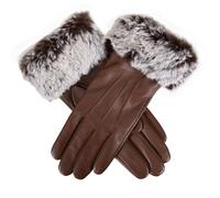 Women’s Touchscreen Three-Point Lined Leather Gloves with Faux Fur Cuffs - Chestnut / L