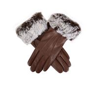 Women’s Touchscreen Three-Point Lined Leather Gloves with Faux Fur Cuffs - Chestnut / S