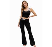 Women’s Tracksuit Gym Co-Ord Set - 2 Piece Crossover Flare Leggings & Crop Top, Contrast Trim Activewear for Yoga, Fitness & Training, UK Sizes S-L, (Black-M-L)