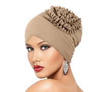 Women’s Turban Hat with Flower - Soft Elastic Head Wrap Cap for Chemo Sleep Muslim Head Cover Elegant Cross Front Beanie Khaki