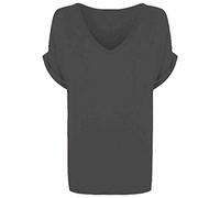 Women’s Turn Up Short Sleeve Plain Printed Baggy Top Ladies V Neck Tunic T-Shirt Casual Wear Summer Party Shirt Oversized Comfort Tee Top UK Size 8-26 Charcoal