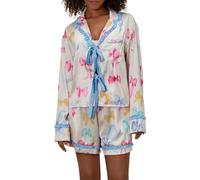 Women’s Two Piece Pajama Set Long Sleeve Bow Tie Front Tops and Shorts Set Loungewear Sleepwear (Blue, L)