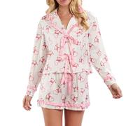 Women’s Two Piece Pajama Set Long Sleeve Bow Tie Front Tops and Shorts Set Loungewear Sleepwear (Pink, L)