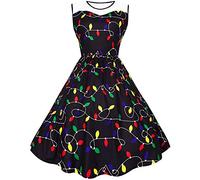 Women´s Ugly Christmas Daily Dresses Sleeveless Round Neck Print Flared Cocktail Party Holiday Dress for Xmas (Black String Light, X-Large)