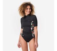 Women’s Uv-protective Short Sleeve T-shirt Surf Top 500 Black And Floral Parrot