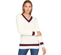 Women’s V Neck Cable Knitted Cricket Jumper - Long Sleeve Stretch Stripe Sweatshirt Top, Plus Size UK 8-26 Cream