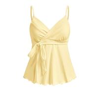 Women’s V-Neck Sleeveless Wrap Peplum Camisole, Adjustable Tie Front Waist Detail, Flared Babydoll Hem with Scalloped Trim, Lightweight Soft Fabric, Cute Casual Summer Top(Light Yellow, S)