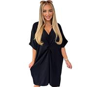 Women’s V-Neck Tie Knot Twist Front Oversized Long Soft Touch Summer Smock Midi Dress Ladies Plain Batwing Sleeve V-Neck Baggy Long Lightweight Midi Dress (Black, UK 18)