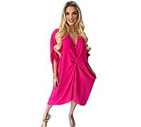 Women’s V-Neck Tie Knot Twist Front Oversized Long Soft Touch Summer Smock Midi Dress Ladies Plain Batwing Sleeve V-Neck Baggy Long Lightweight Midi Dress (Cerise, UK 20)