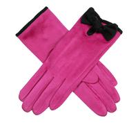Women’s Velour-Lined Faux Suede Gloves with Trim and Bow - Fuchsia/Black / One