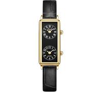 Women’s Vintage Rectangle Watch Dual Time Zone Waterproof Ladies Quartz Analog Wristwatch with Two Dials, Roman & Arabic Numerals, Leather Strap for Travel & Business (Gold Black)