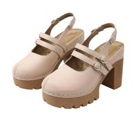 Women’s Vintage Round Closed Toe Chunky Heel Slingback Sandals, Platform Mary Jane Design with Adjustable Buckle Strap, Elegant Dress Pumps for Prom, Wedding, Party Occasions(Khaki, 6.5)